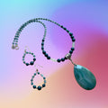 Heartfelt Creations teardrop pendant necklace and hoop earrings set with teal, aqua, and pink beads and green agate pendant.