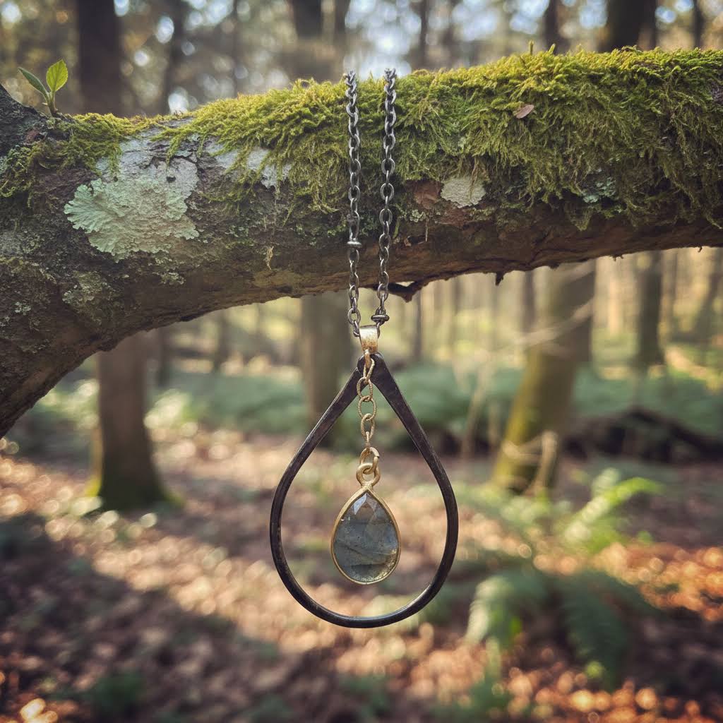 Heartfelt Creations teardrop pendant necklace with faceted labradorite gemstone and gold accents on a chain.