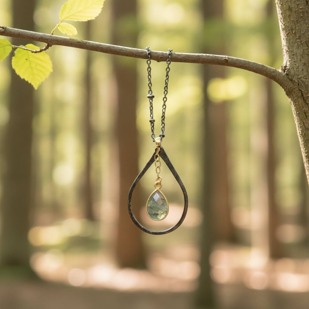 Heartfelt Creations teardrop pendant necklace with faceted labradorite gemstone and gold accents on a chain.