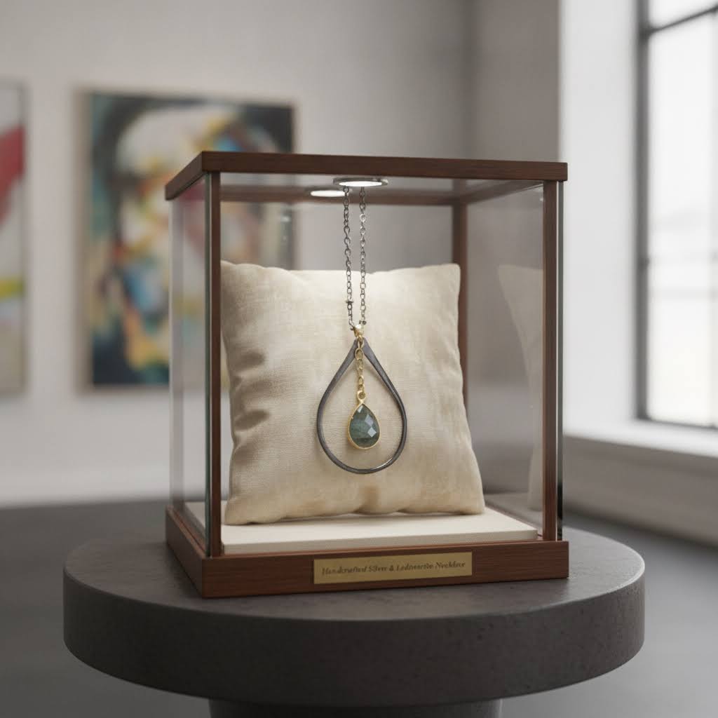 Heartfelt Creations teardrop pendant necklace with faceted labradorite gemstone and gold accents on a chain.