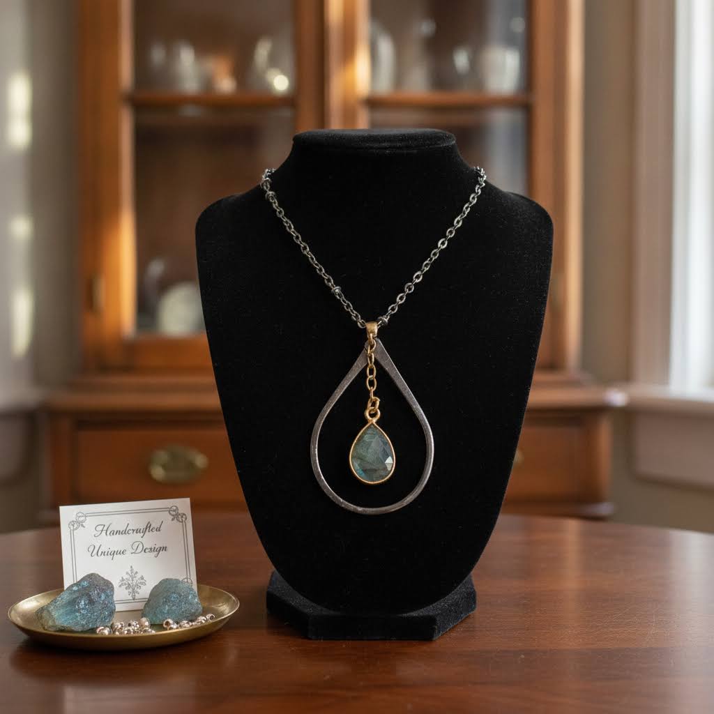 Heartfelt Creations teardrop pendant necklace with faceted labradorite gemstone and gold accents on a chain.