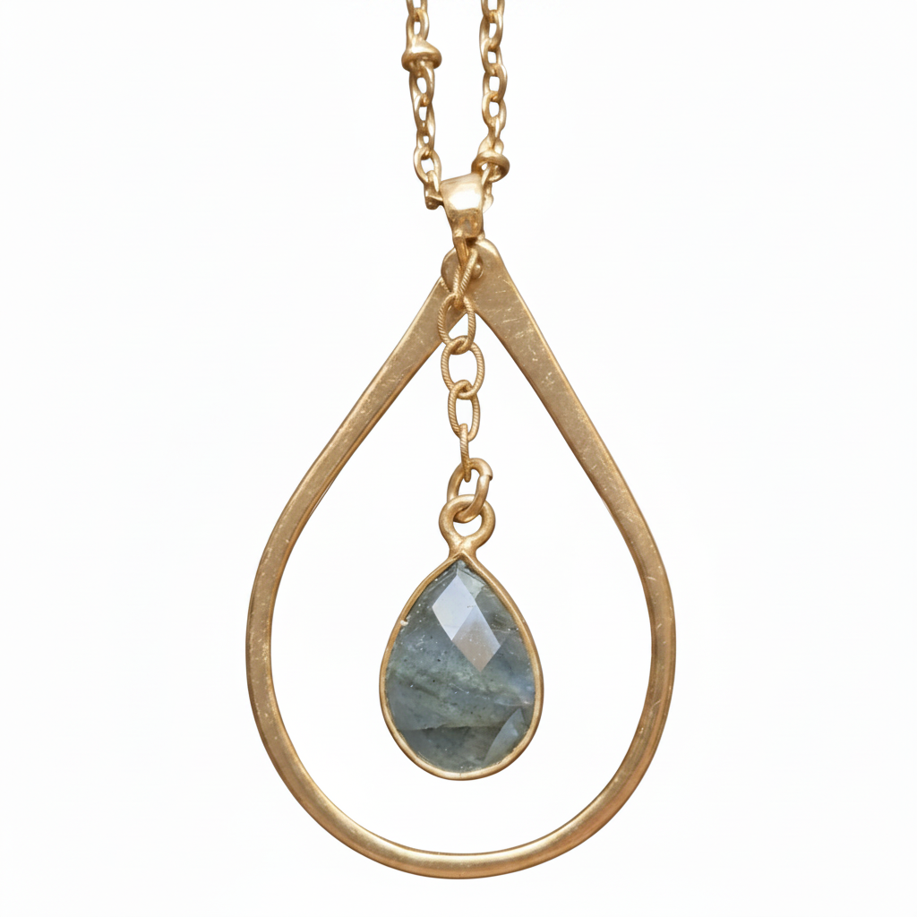 Heartfelt Creations teardrop pendant necklace with faceted labradorite gemstone and gold accents on a chain.