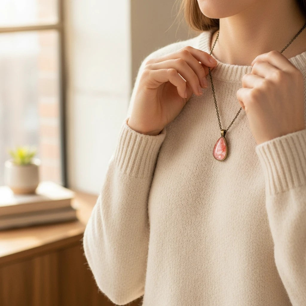 Heartfelt Creations teardrop necklace with a coral and peach resin pendant in an antique bronze setting on a model.