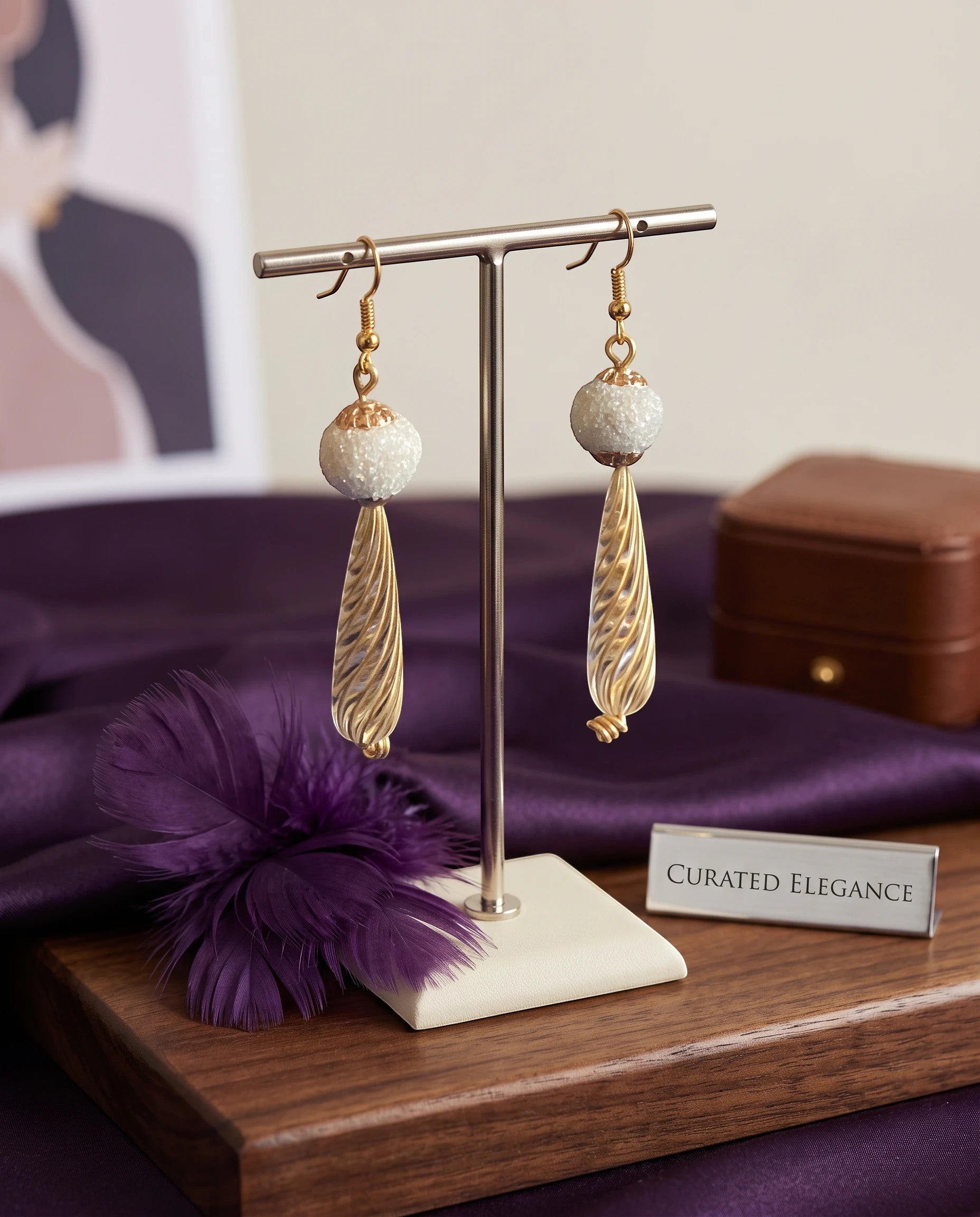 Heartfelt Creations elegant drop earrings with frosted white beads and textured gold-tone metal on a display stand.
