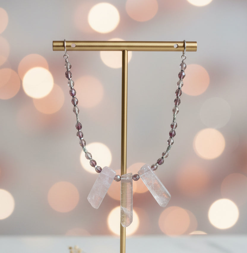 Heartfelt Creations three point clear quartz crystal necklace with shimmering pink and clear beaded chain