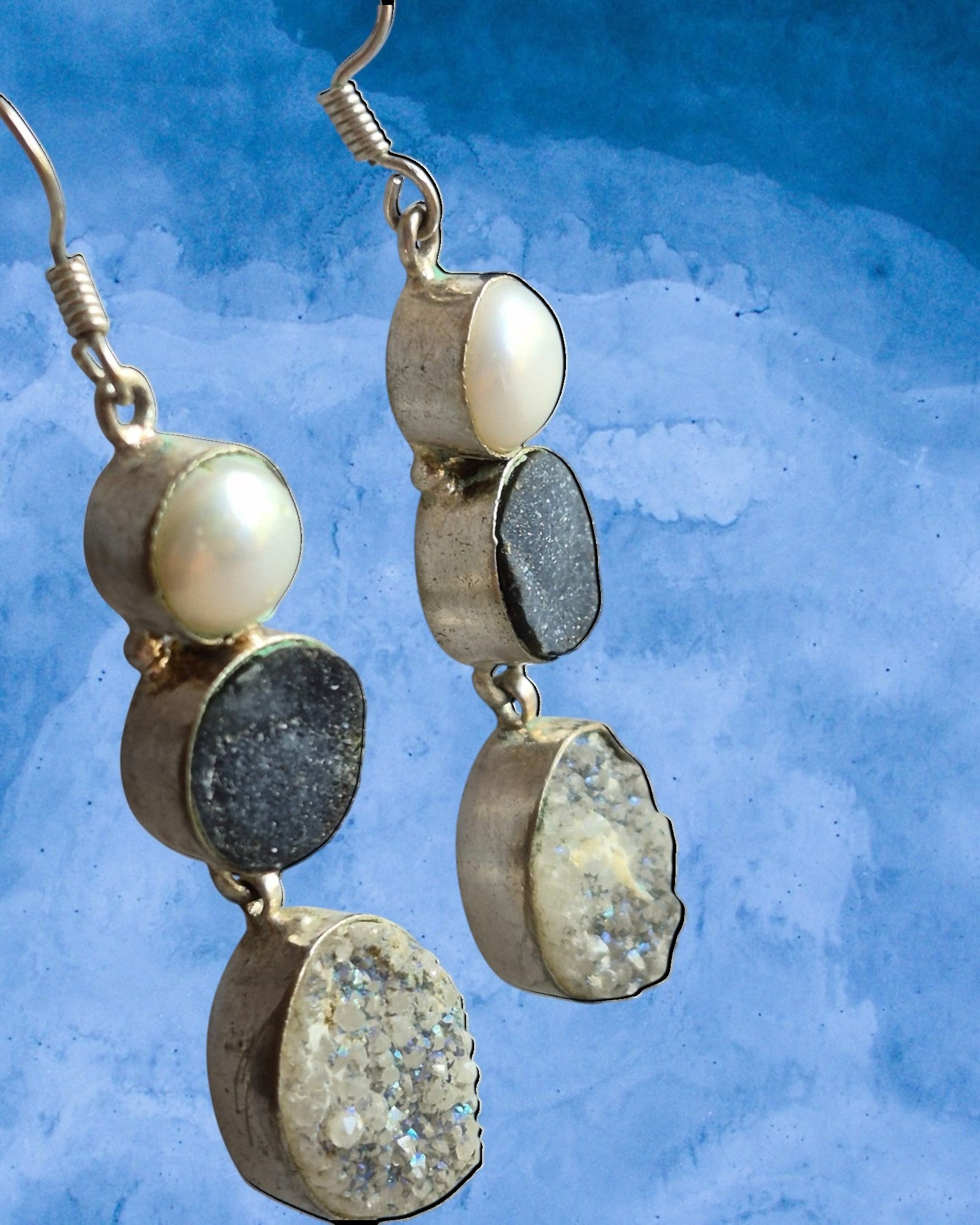Heartfelt Creations triple drop earrings featuring white pearl, charcoal druzy, and crystal druzy in sterling silver.