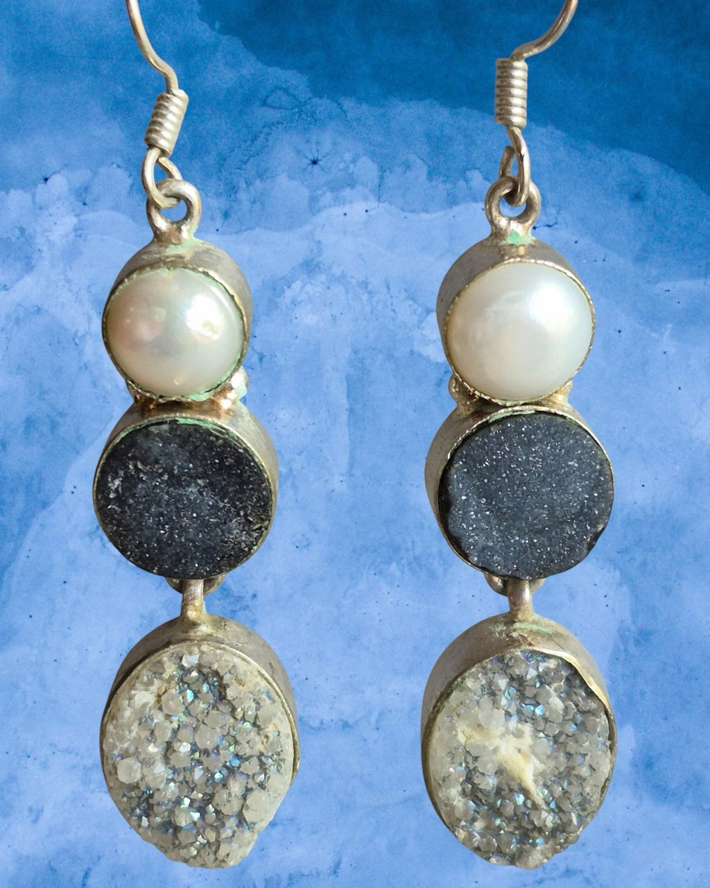 Heartfelt Creations triple drop earrings with white pearl, charcoal druzy, and shimmering crystal in sterling silver.
