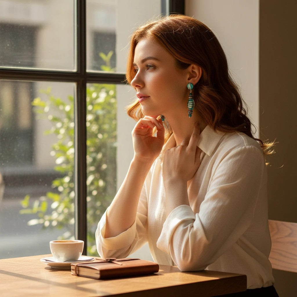 Heartfelt Creations artisan turquoise glass beaded dangle earrings worn by a woman sitting at a cafe table.