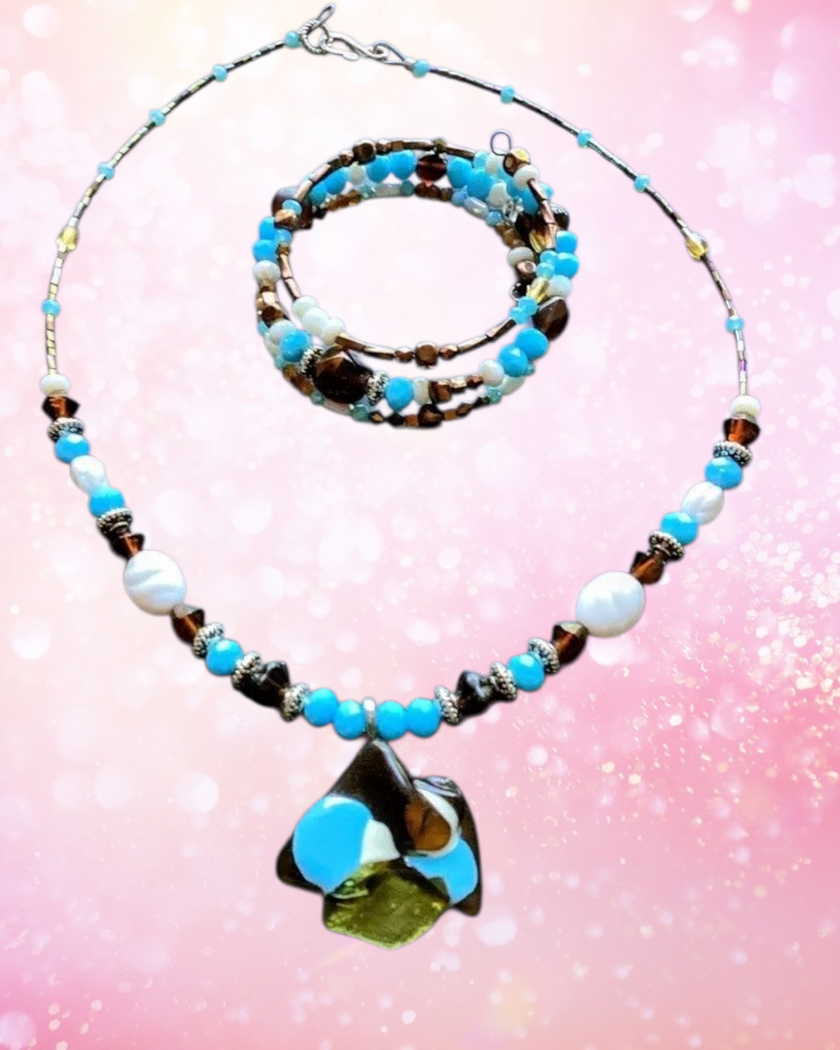 * Artisan Beaded Necklace and Bracelet with Vivid Turquoise & Earthy Browns