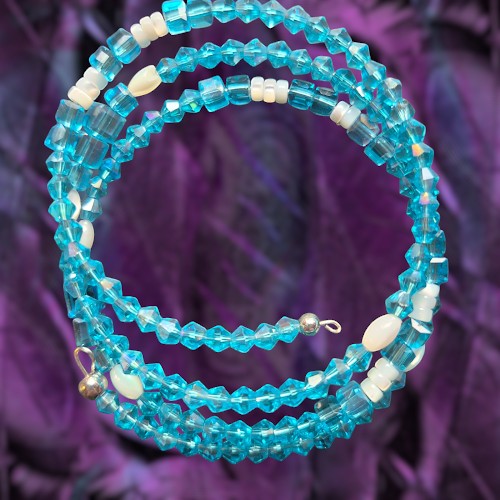 Heartfelt Creations handcrafted wrap bracelet featuring faceted turquoise blue glass beads and creamy white faux pearls