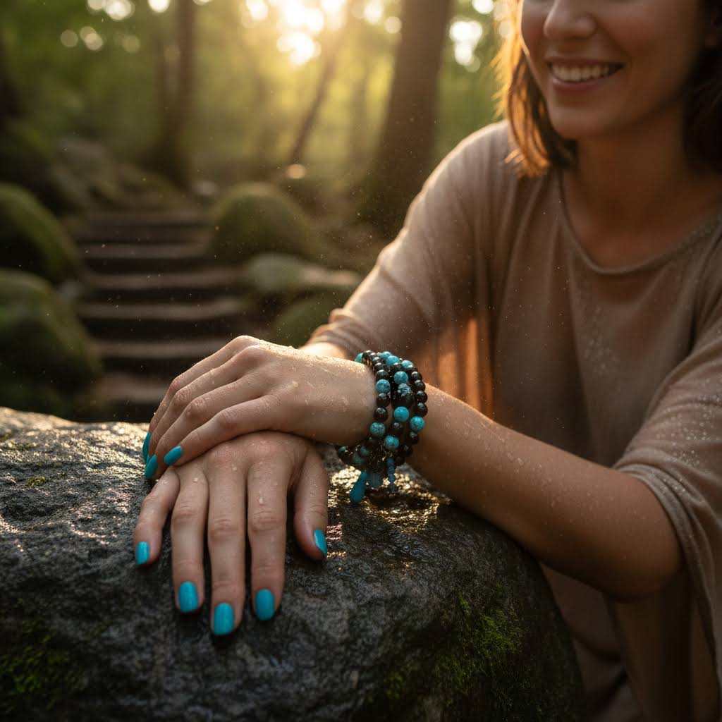 Another of Heartfelt Creations - a multi strand beaded bracelet featuring alternating strands of polished black onyx beads and vibrant turquoise-colored stone beads, with a dangling charm of a faceted turquoise stone and smaller blue beads,