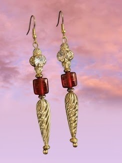 Heartfelt Creations vintage-style drop earrings with clear crystals, red-orange glass cubes, and gold-tone leaf drops.