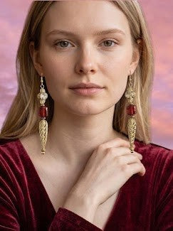 Heartfelt Creations vintage-style drop earrings with clear crystals, red-orange glass cubes, and gold-tone metal leaves.