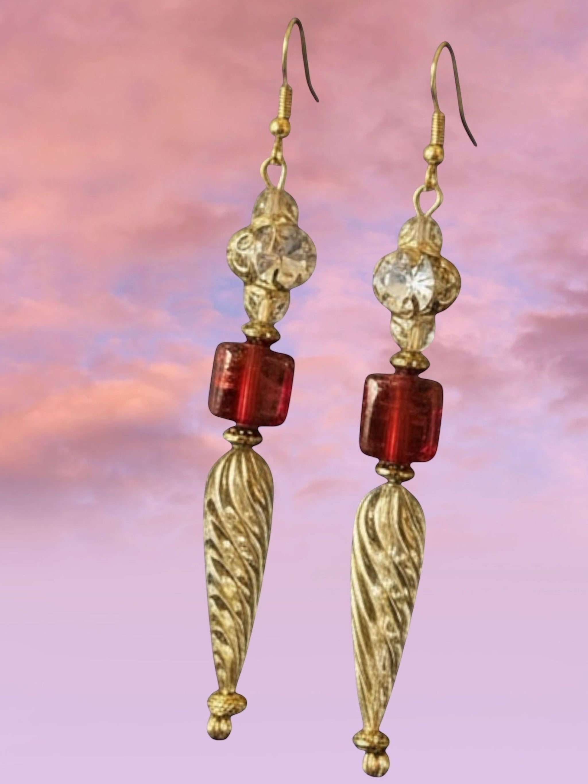 Heartfelt Creations vintage-style drop earrings with clear crystals, red glass cubes, and textured gold-tone metal leaves.