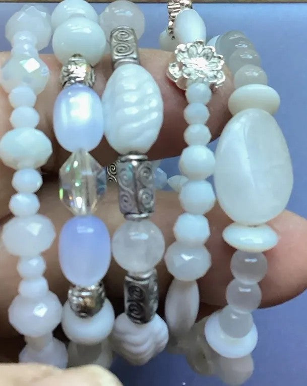 Heartfelt Creations white beaded bracelet with pearls, crystals, and silver-tone charms.