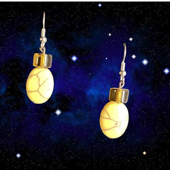 Heartfelt Creations oval yellow turquoise dangle earrings with amber beads and silver-tone hooks against a starry sky