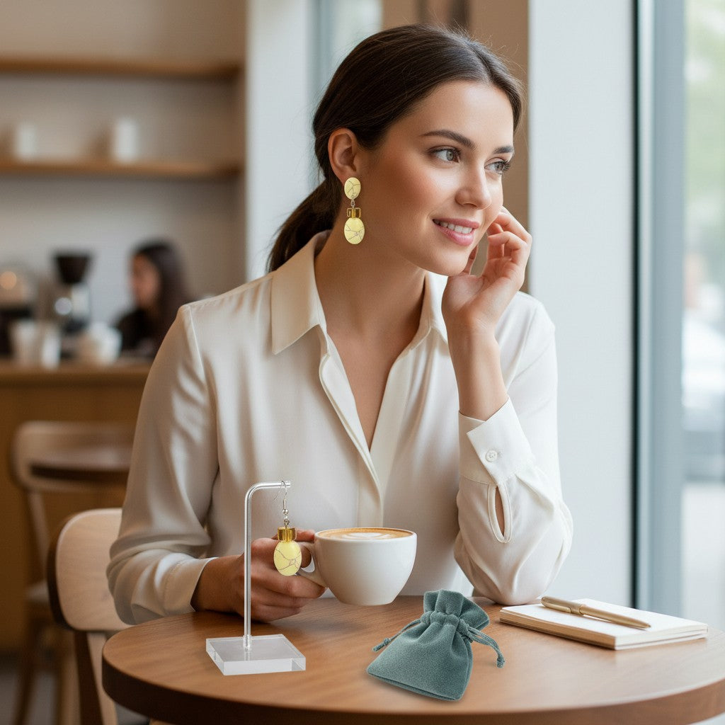 Heartfelt Creations yellow turquoise oval dangle earrings worn by a woman in a cafe with a matching earring on display