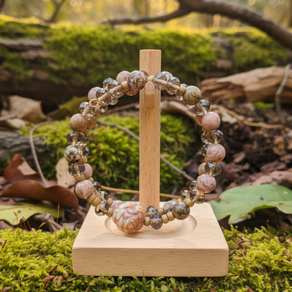A beaded memory wire bracelet featuring a large carved peach-colored bead, faceted black and brown marbled beads, and small gold-toned spacer beads, set against a pink and purple cloudy sky background.