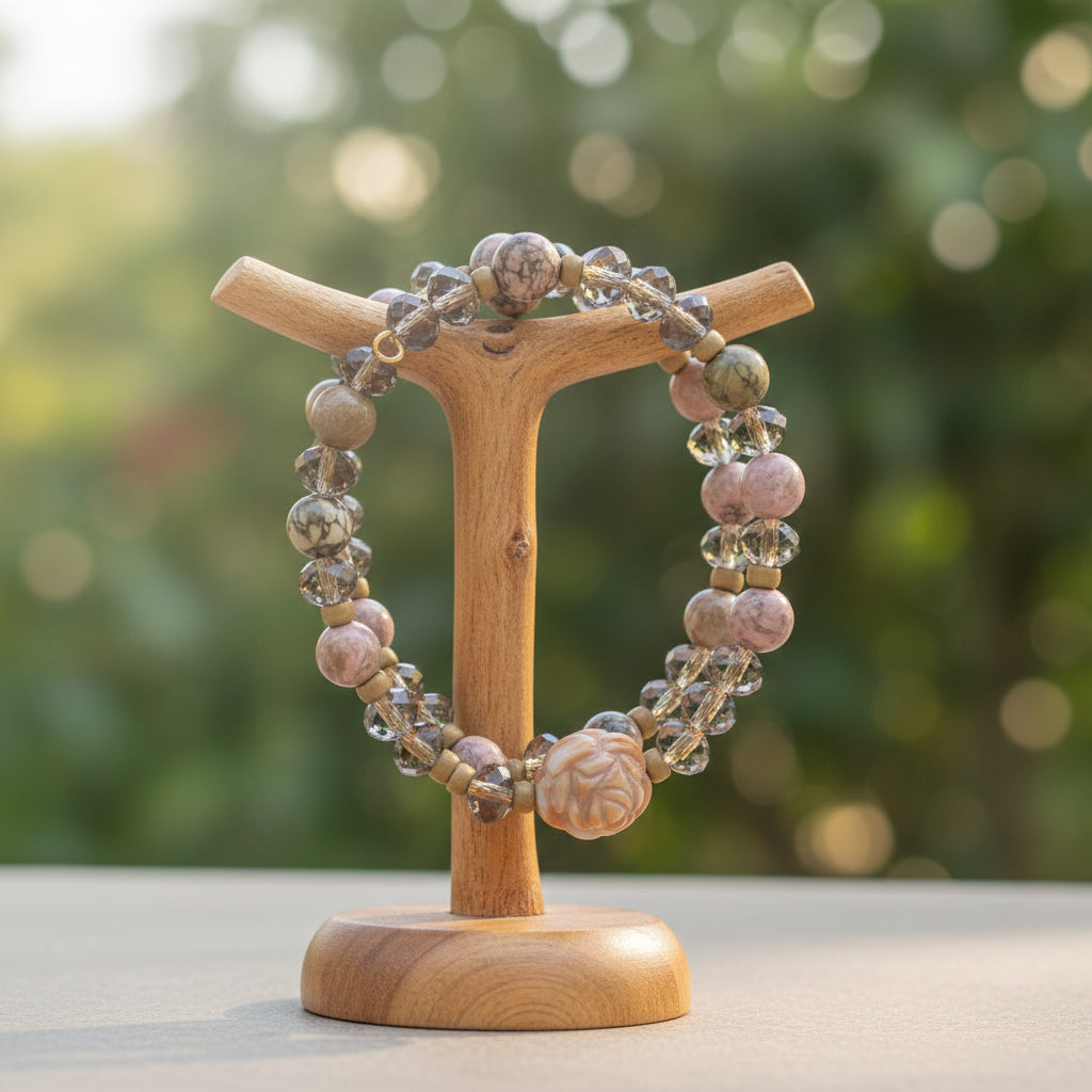 A beaded wire wrap bracelet featuring a large carved peach-colored bead, faceted black and brown marbled beads, and small gold-toned spacer beads, set against a pink and purple cloudy sky background.