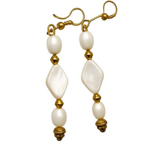 A pair of gold-tone dangle earrings with white pearl-like beads and faceted gold spacer beads, shown on a plain white background.