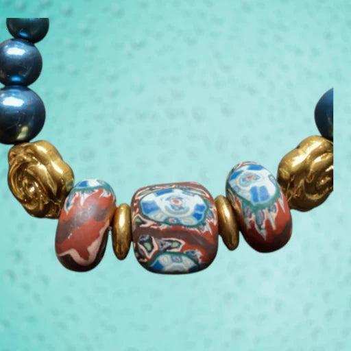 A close-up of a beaded necklace featuring textured gold-tone rose-shaped beads, marbled red, white, and blue cylindrical beads, and dark blue round beads, set against a light turquoise textured background.