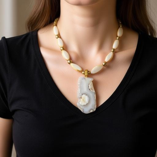 A close-up of a woman wearing a gold-tone necklace with cream-colored beads and a large natural agate pendant, paired with a black V-neck top.