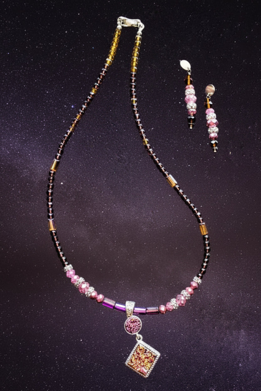 '-Sparkling Titanium Druzy Gemstone Pendant Necklace with Earrings