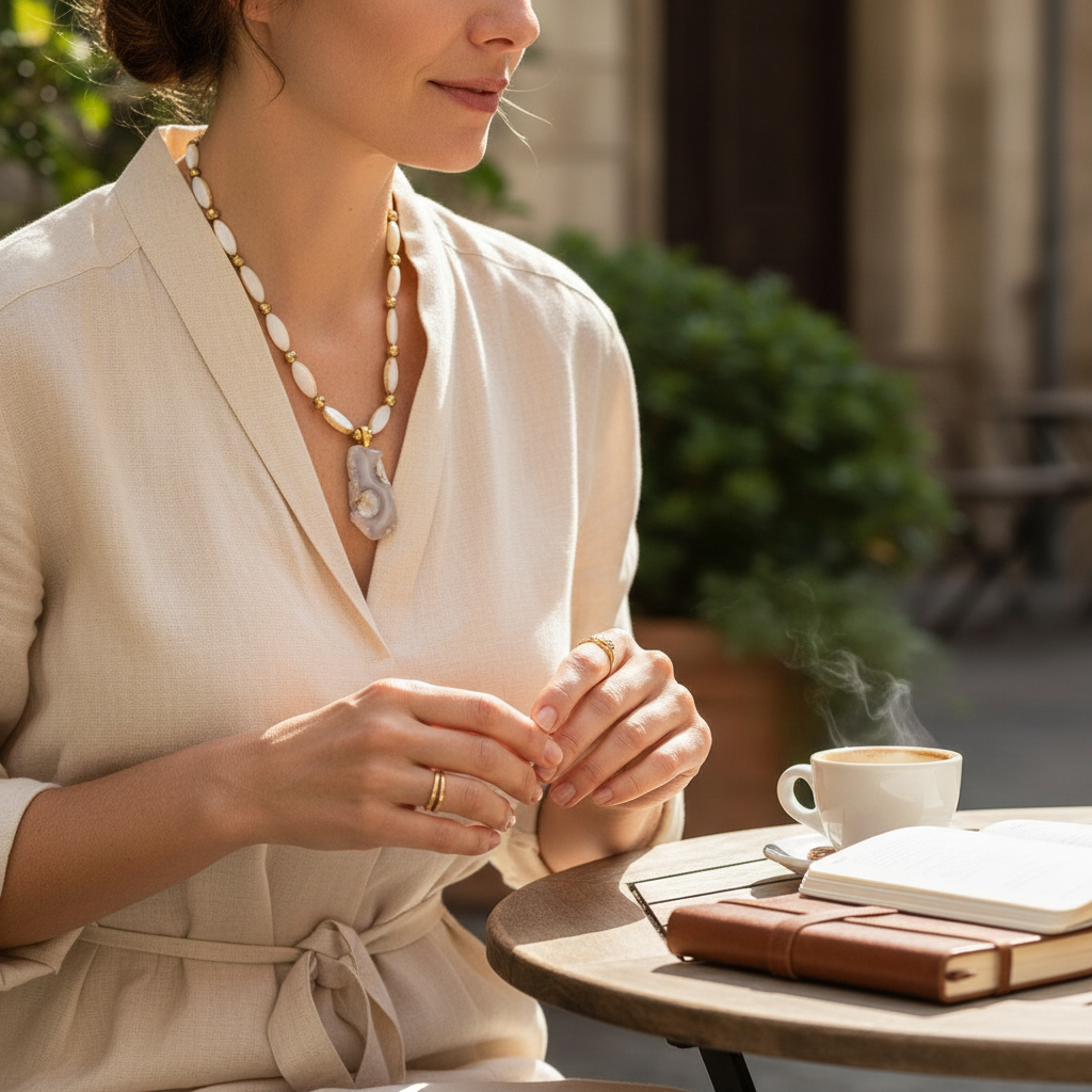 A woman in a cream-colored wrap dress is shown from the side, wearing a gold and white beaded necklace with a gray stone pendant. She is seated at an outdoor table with a coffee cup, notebook, and leather journal in a softly blurred cafe setting.