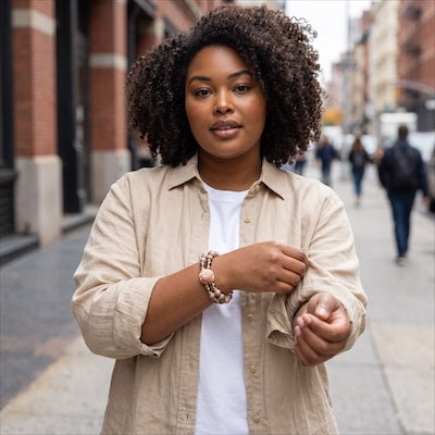 A woman with curly dark hair stands on a city sidewalk wearing a beige button-up shirt over a white t-shirt. She is adjusting her sleeve, and blurred buildings and pedestrians are visible in the background.