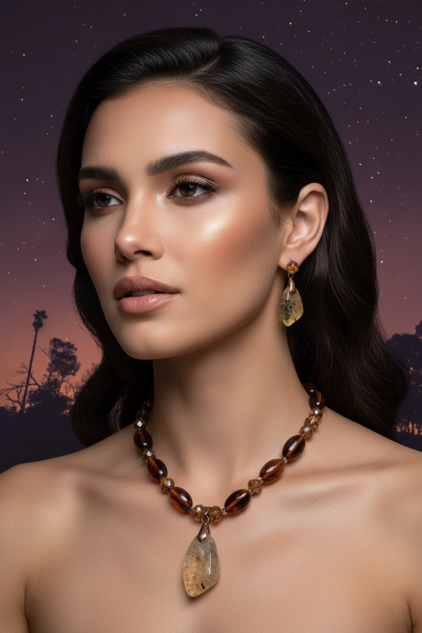 '-Beaded Necklace with Amber Stone And Earring Set
