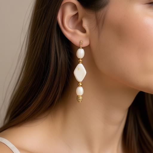 A close-up of a woman's ear wearing a long drop earring with cream-colored oval beads and gold-toned metal accents.