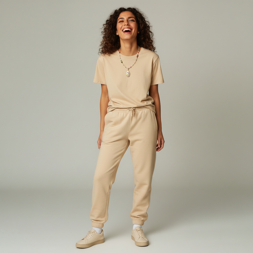 A woman modeling a matching beige lounge set consisting of a short-sleeve crewneck t-shirt and jogger sweatpants, paired with neutral sneakers, against a solid light gray studio background.