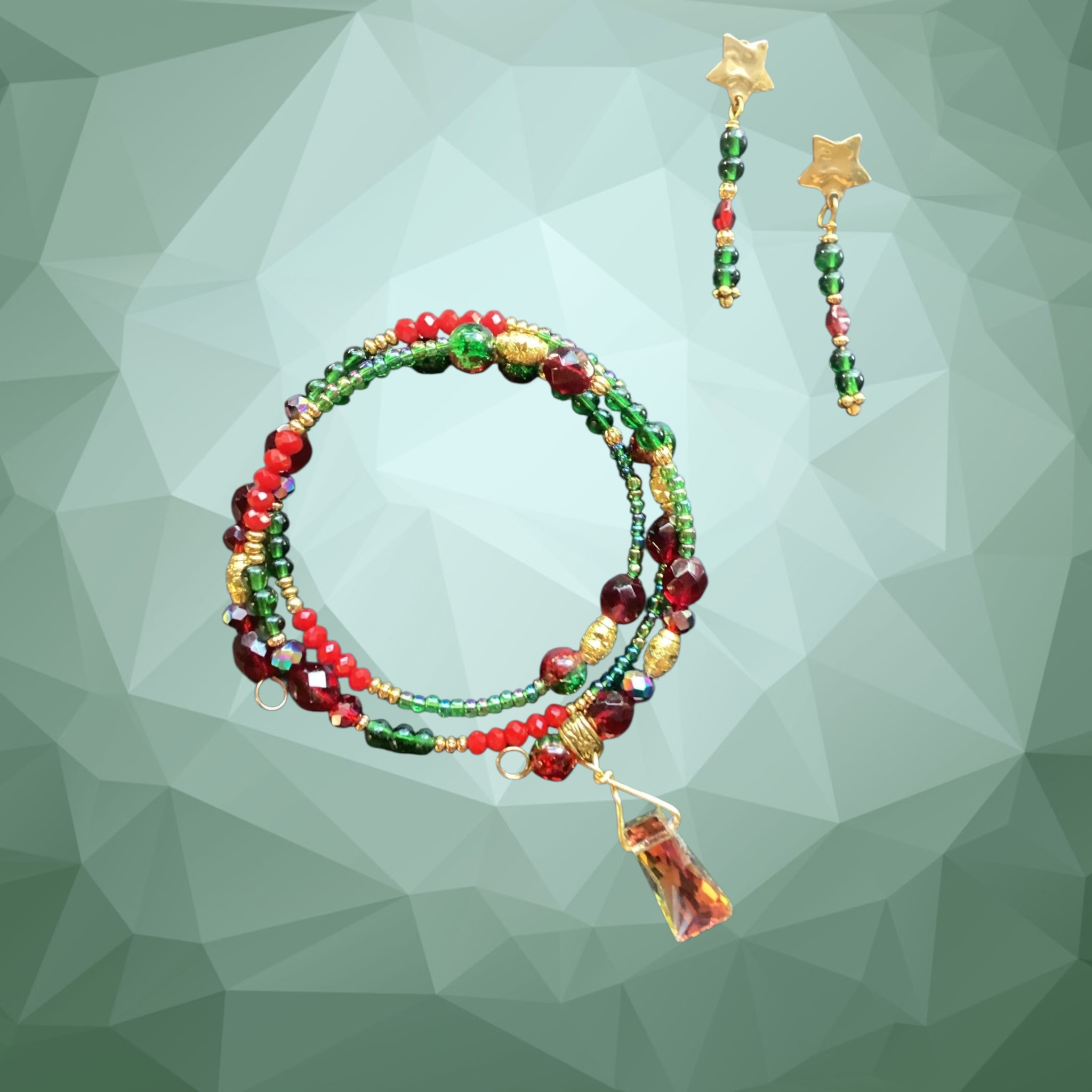 Festive Beaded Wrap Bracelet And Star Earrings Set