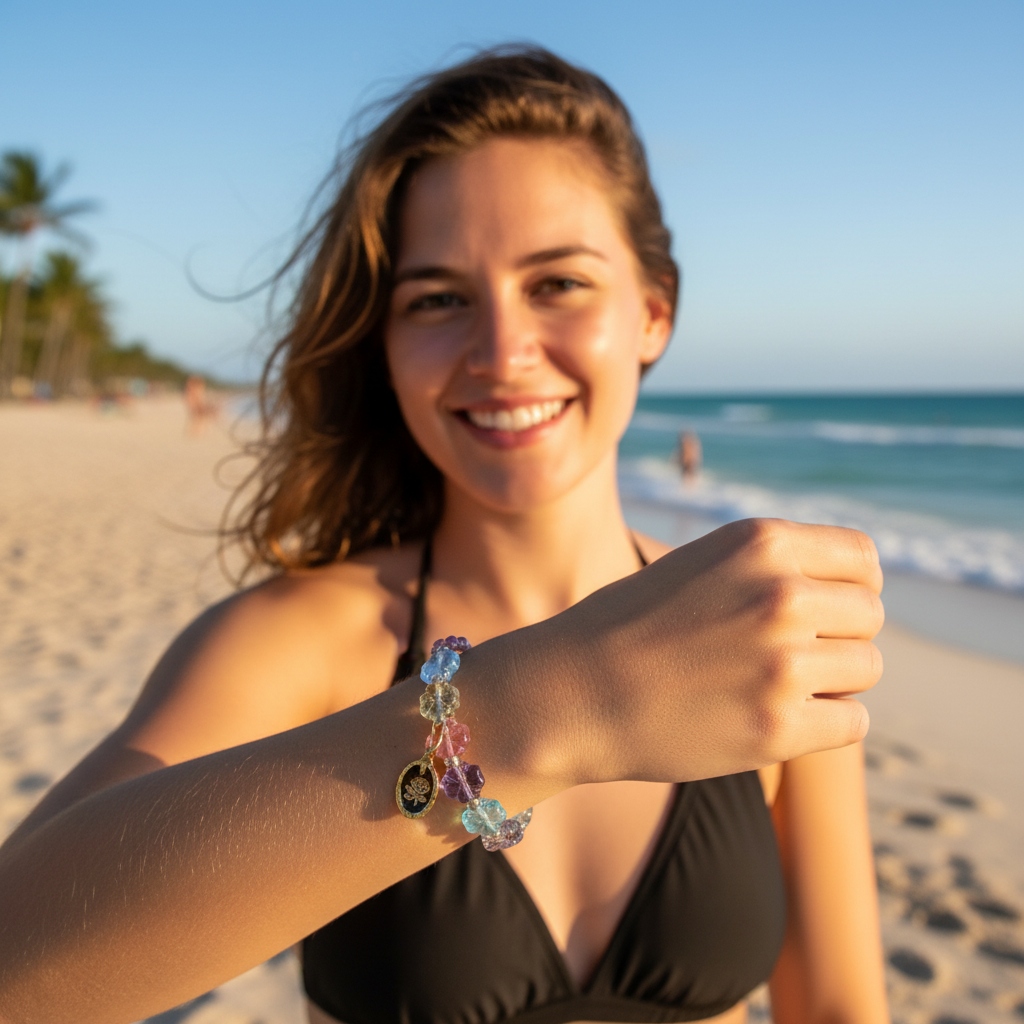 A woman smiling on a sunny beach, wearing a colorful charm bracelet on her wrist. The bracelet features translucent blue and purple beads, a small gold-toned charm, and a light blue flower charm.