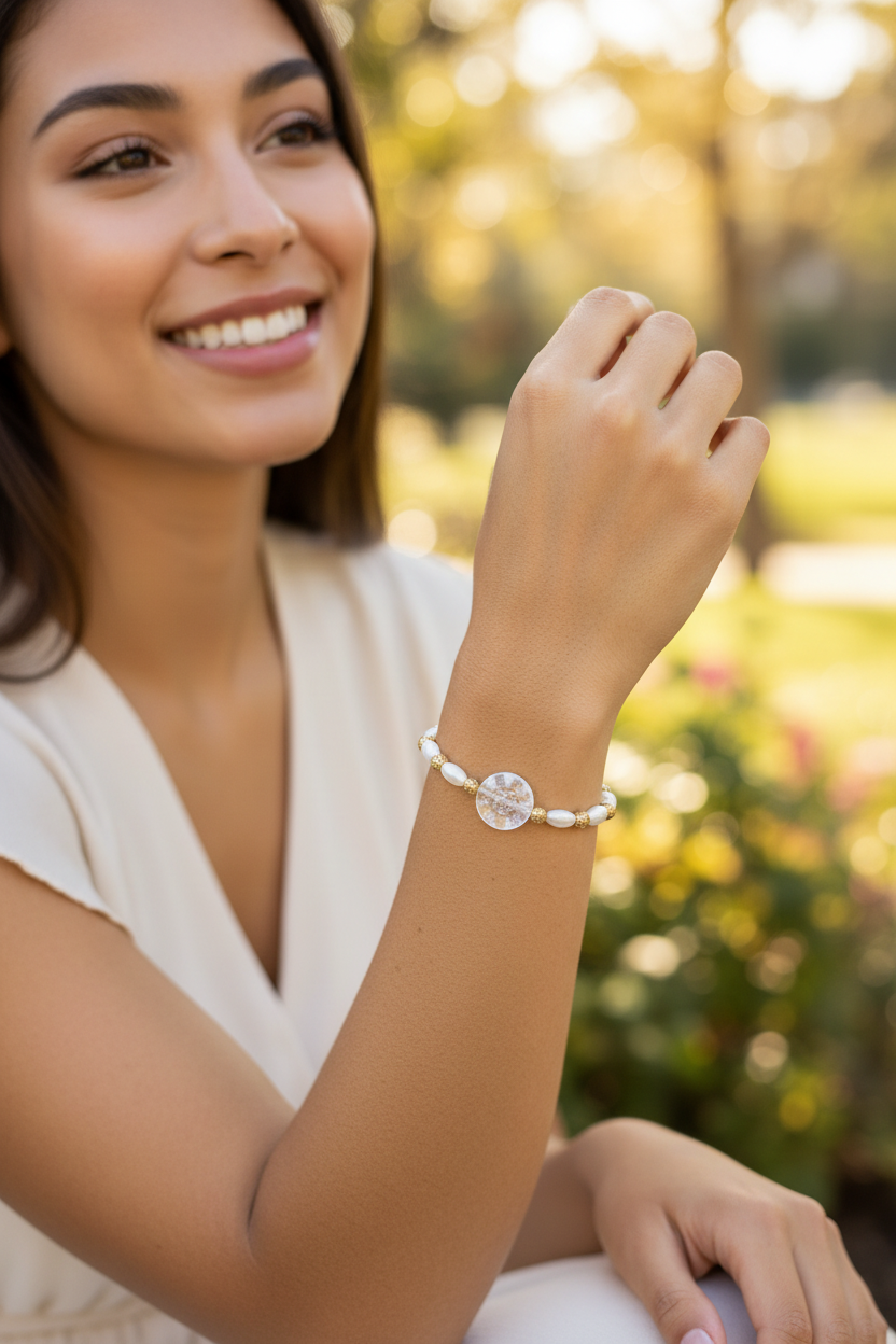 A woman wearing a delicate silver beaded bracelet with a central round clear stone, photographed outdoors in a softly blurred garden setting.