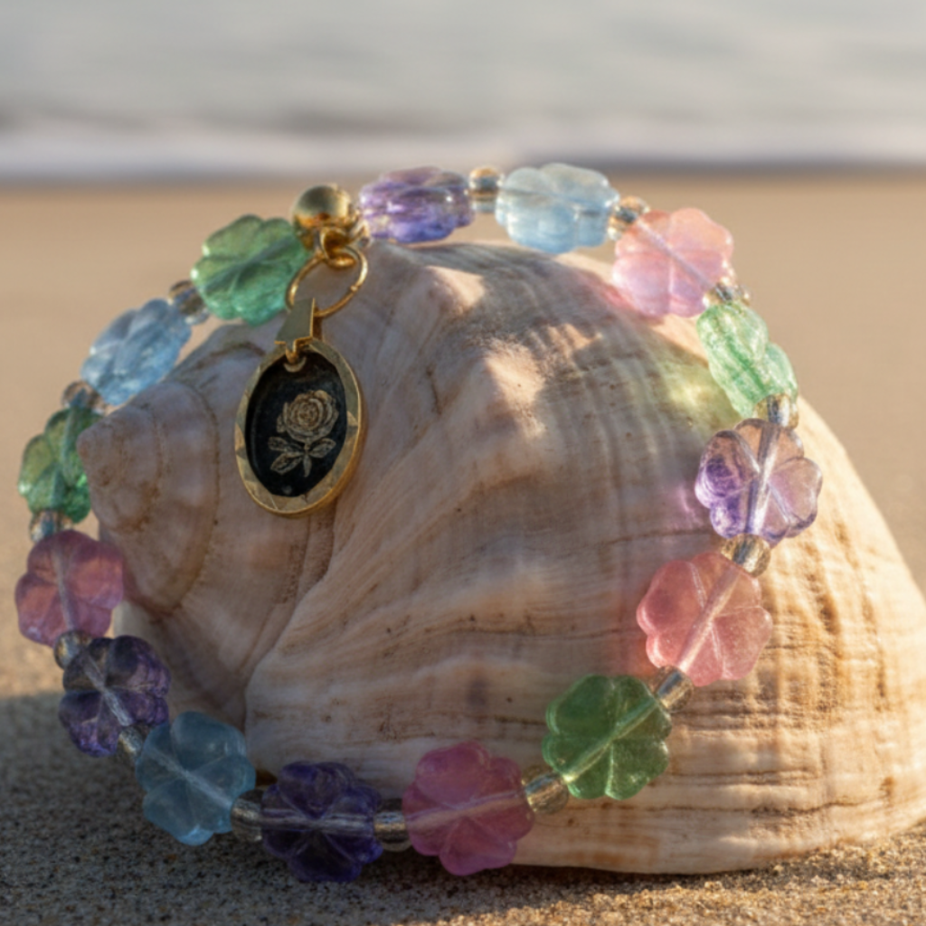 A multicolor beaded bracelet with a black and gold rose medallion charm, displayed on a large seashell resting on a sandy beach with the ocean in the background.
