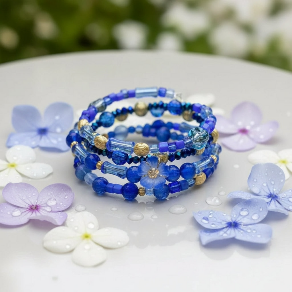 Blue Floral Beaded Wrap Bracelet