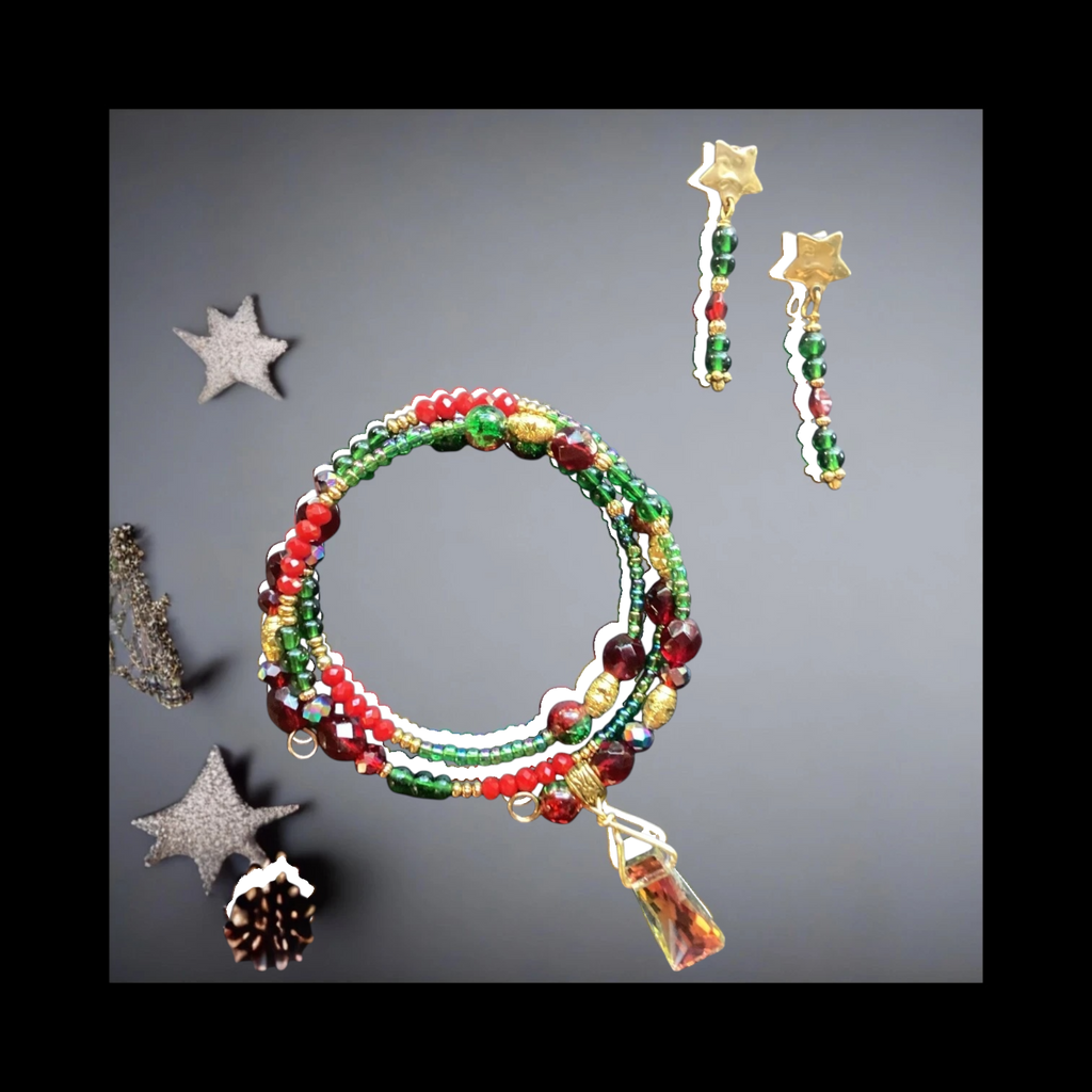 Festive Beaded Wrap Bracelet And Star Earrings Set