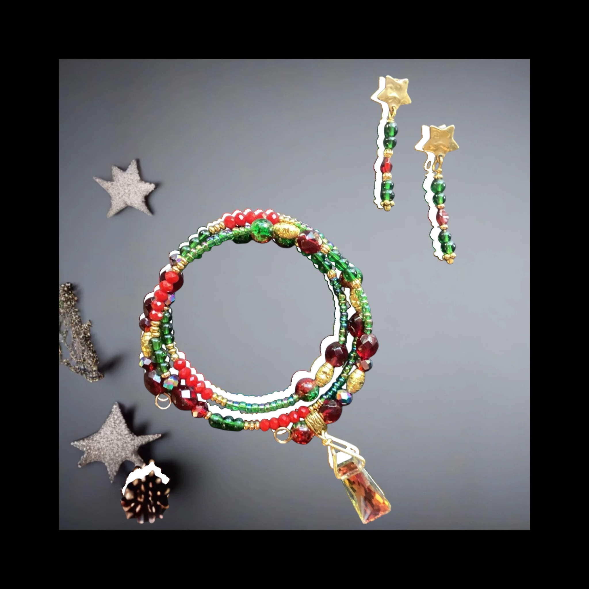 Festive Beaded Wrap Bracelet And Star Earrings Set