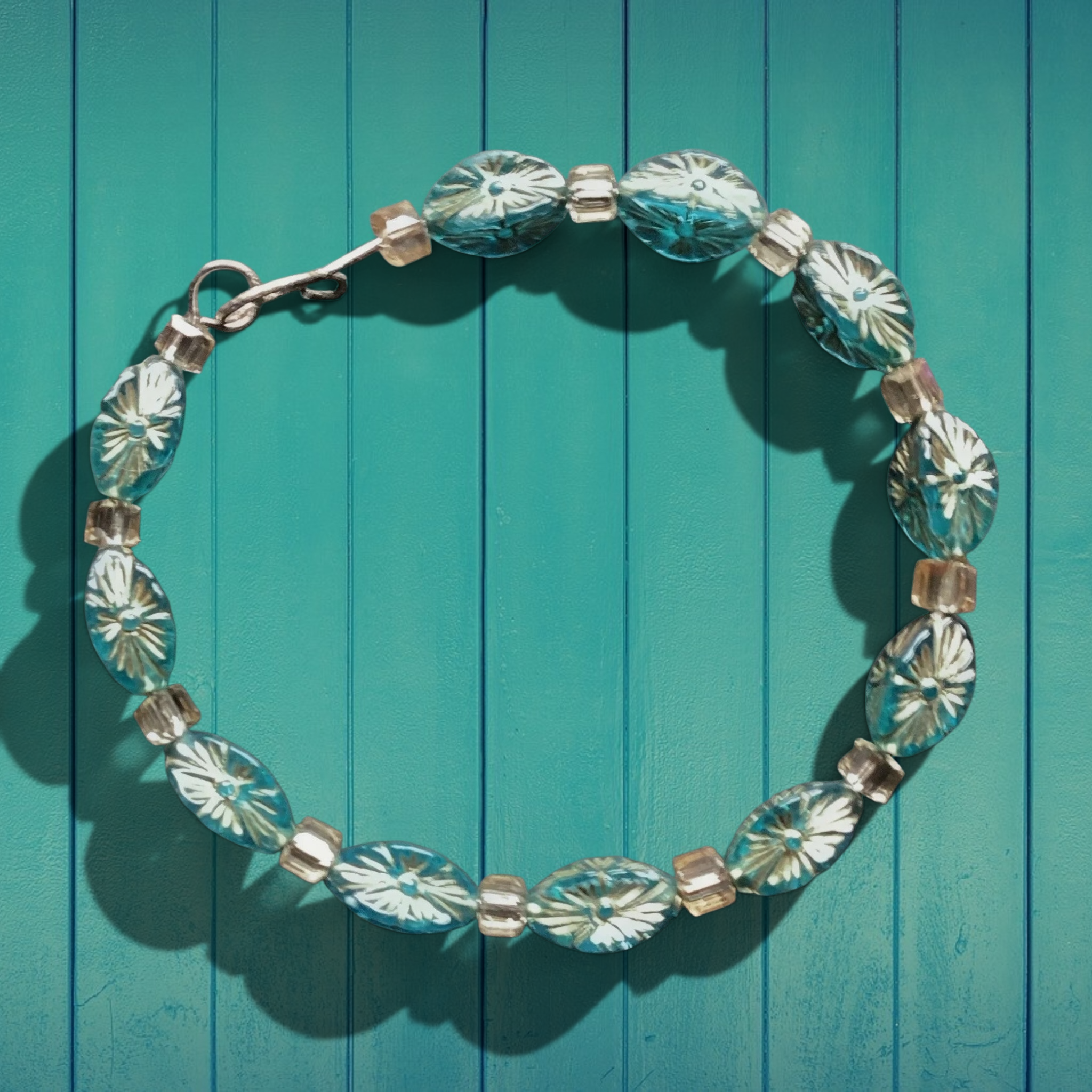Oval Beaded Turquoise  Bracelet With Floral Design