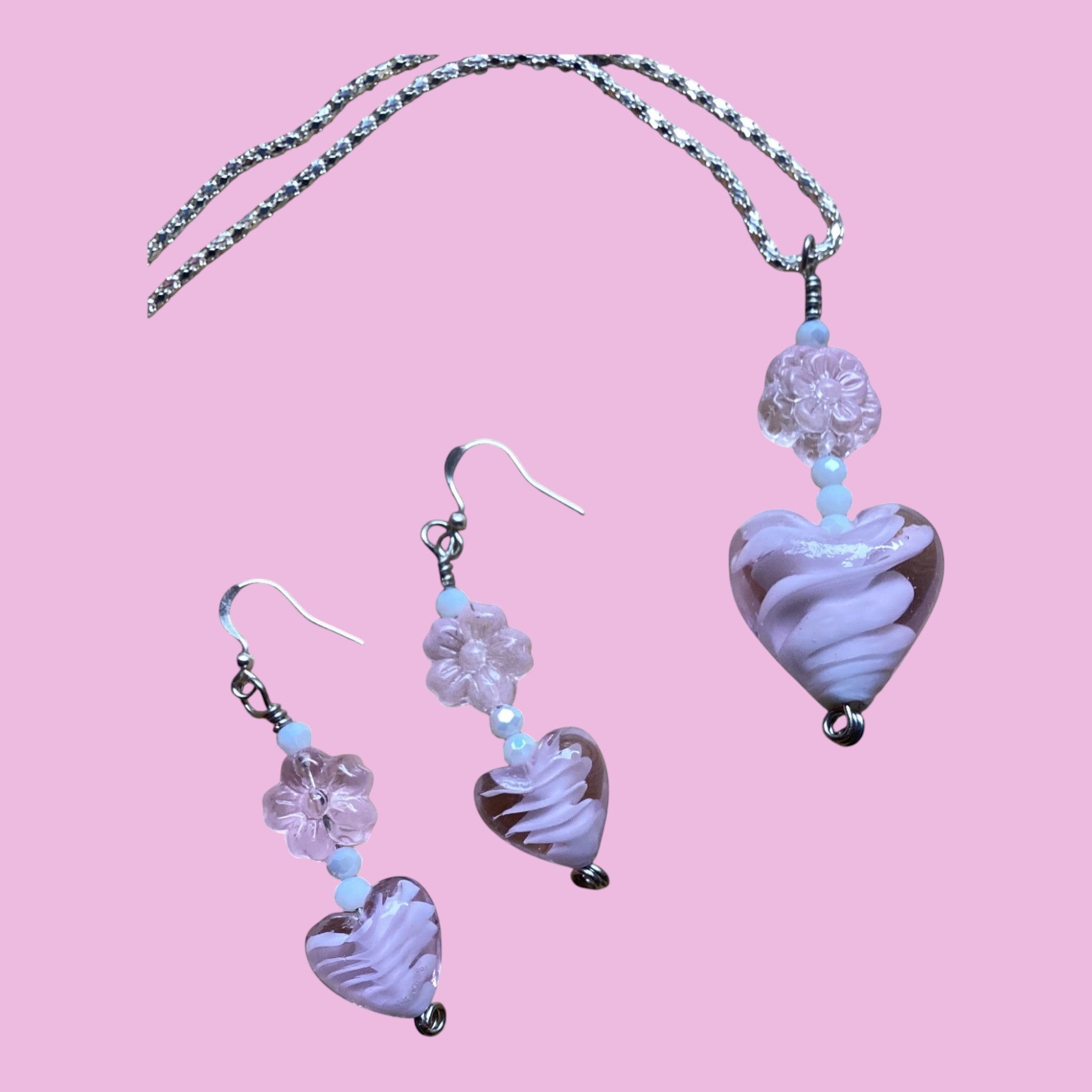 Heart And Flower Charm Necklace And Earring Set
