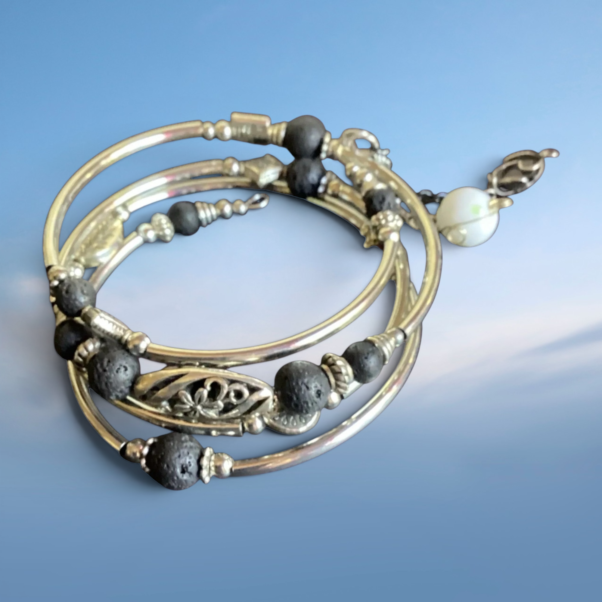 Silver Wrap Bracelet With Lava Beads