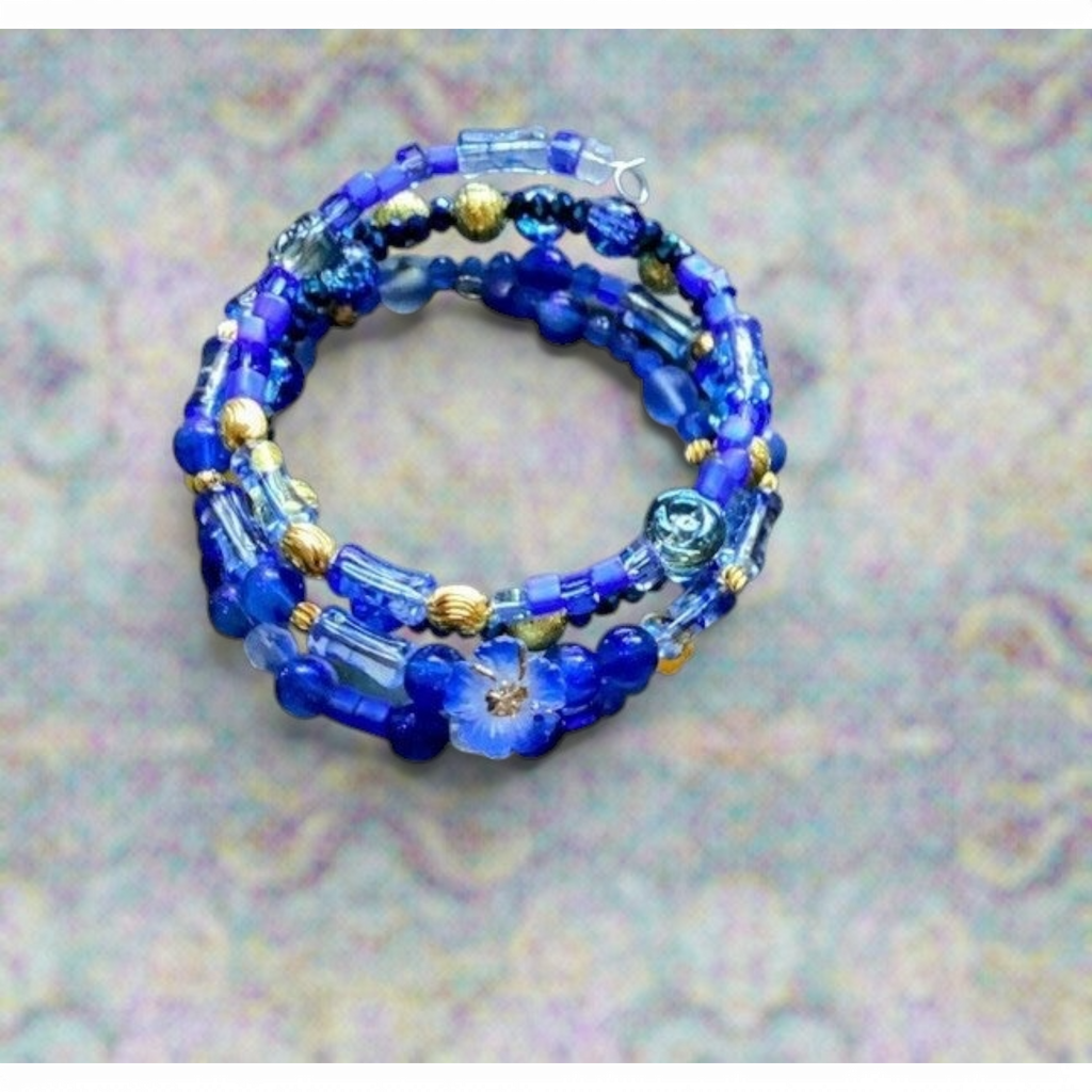 Blue Floral Beaded Wrap Bracelet