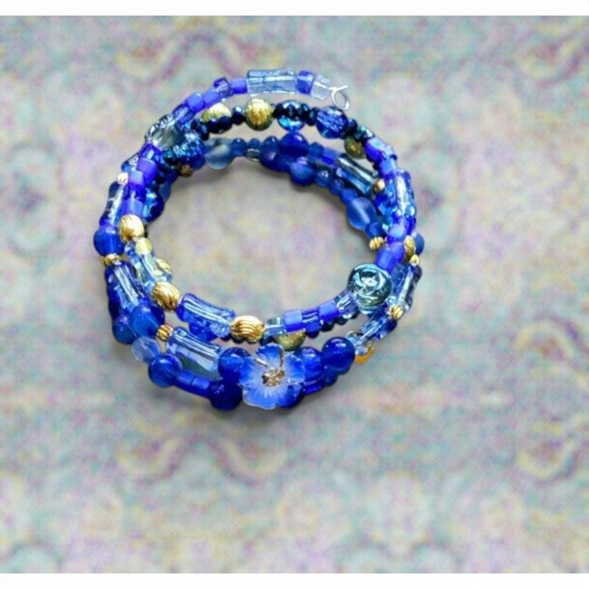 Blue Floral Beaded Wrap Bracelet