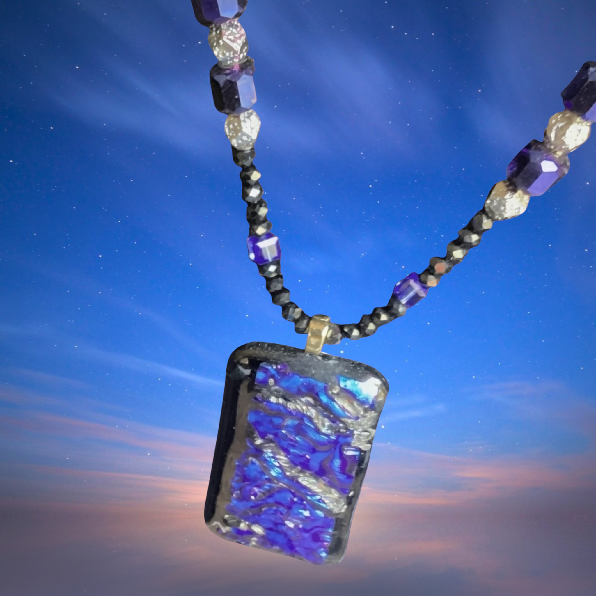 Artisan Beaded Necklace with Dichroic Pendant and Bracelet Jewelry Set