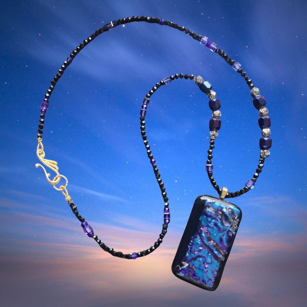 Artisan Beaded Necklace with Dichroic Pendant and Bracelet Jewelry Set