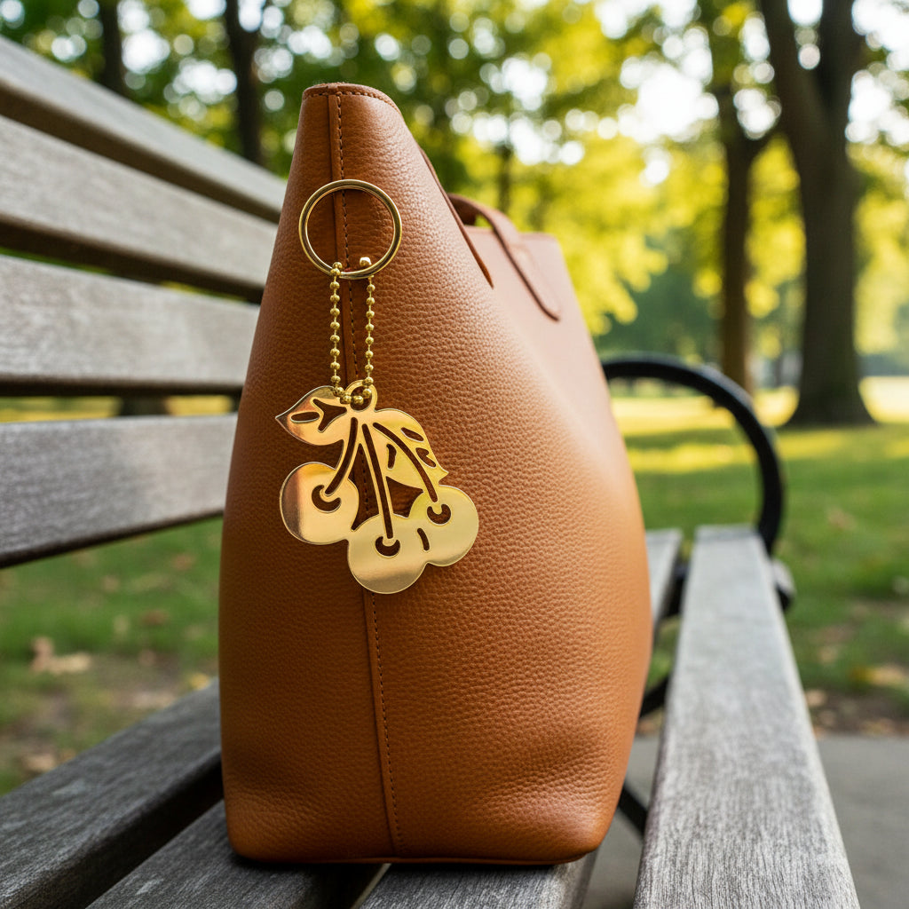 Hand-designed by Heartfelt Creations, you can add a touch of playful elegance to your everyday essentials with your choice of an 18k gold plated Brass cherry keychain or backpack/bag accessory