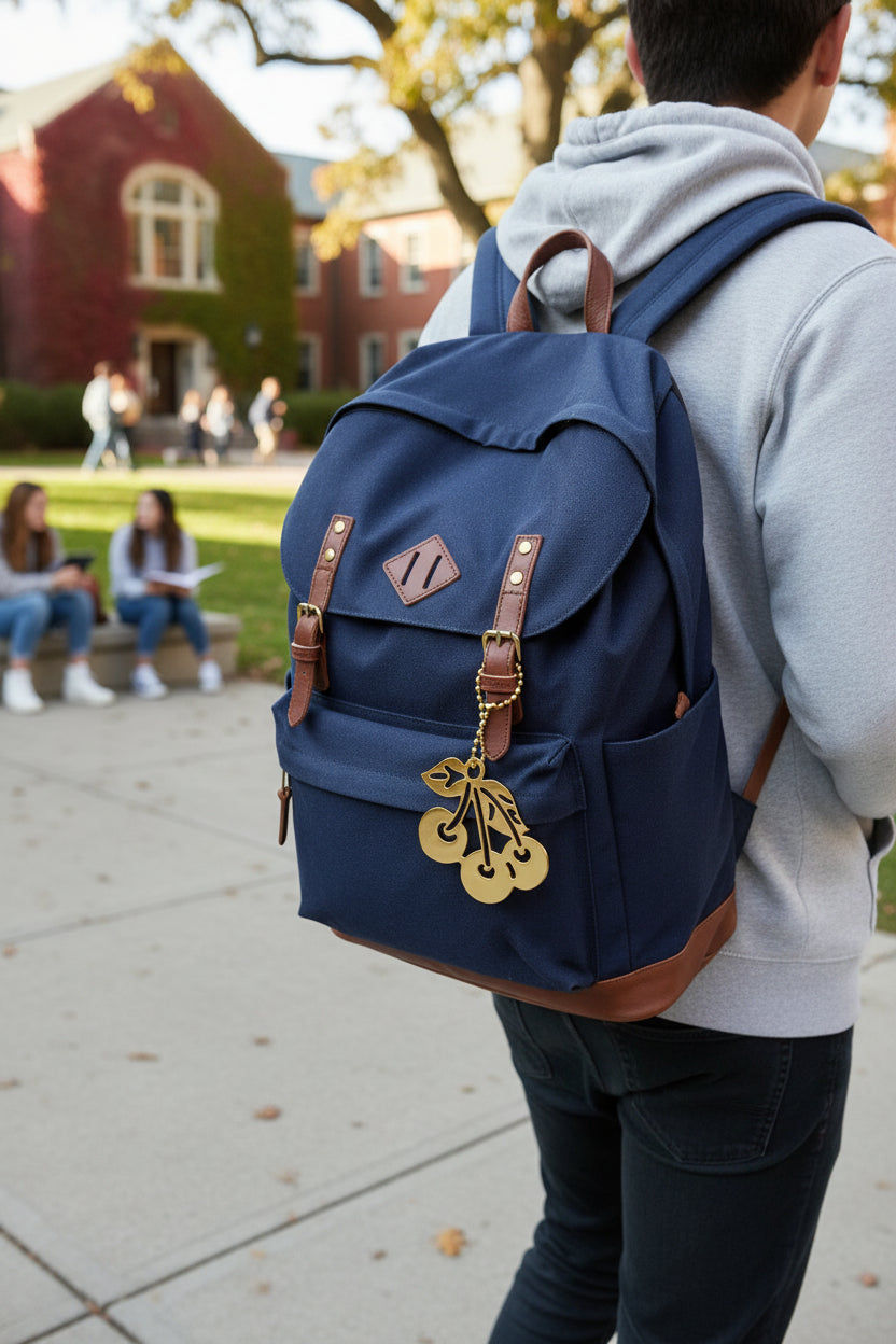 Hand-designed by Heartfelt Creations, you can add a touch of playful elegance to your everyday essentials with your choice of an 18k gold plated Brass cherry keychain or backpack/bag accessory