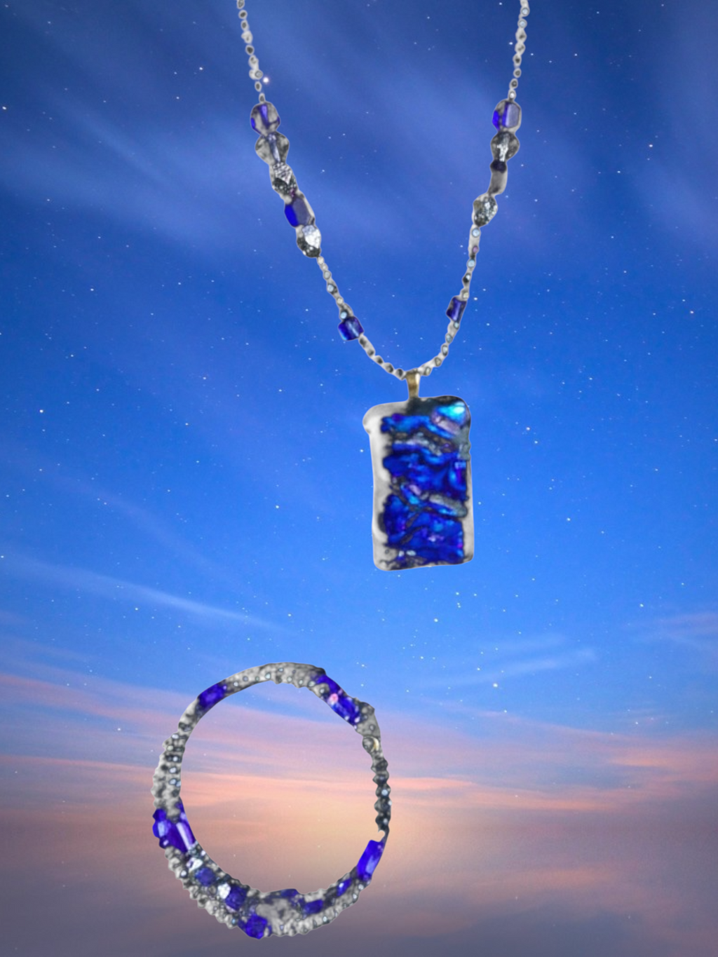 Artisan Beaded Necklace with Dichroic Pendant and Bracelet Jewelry Set