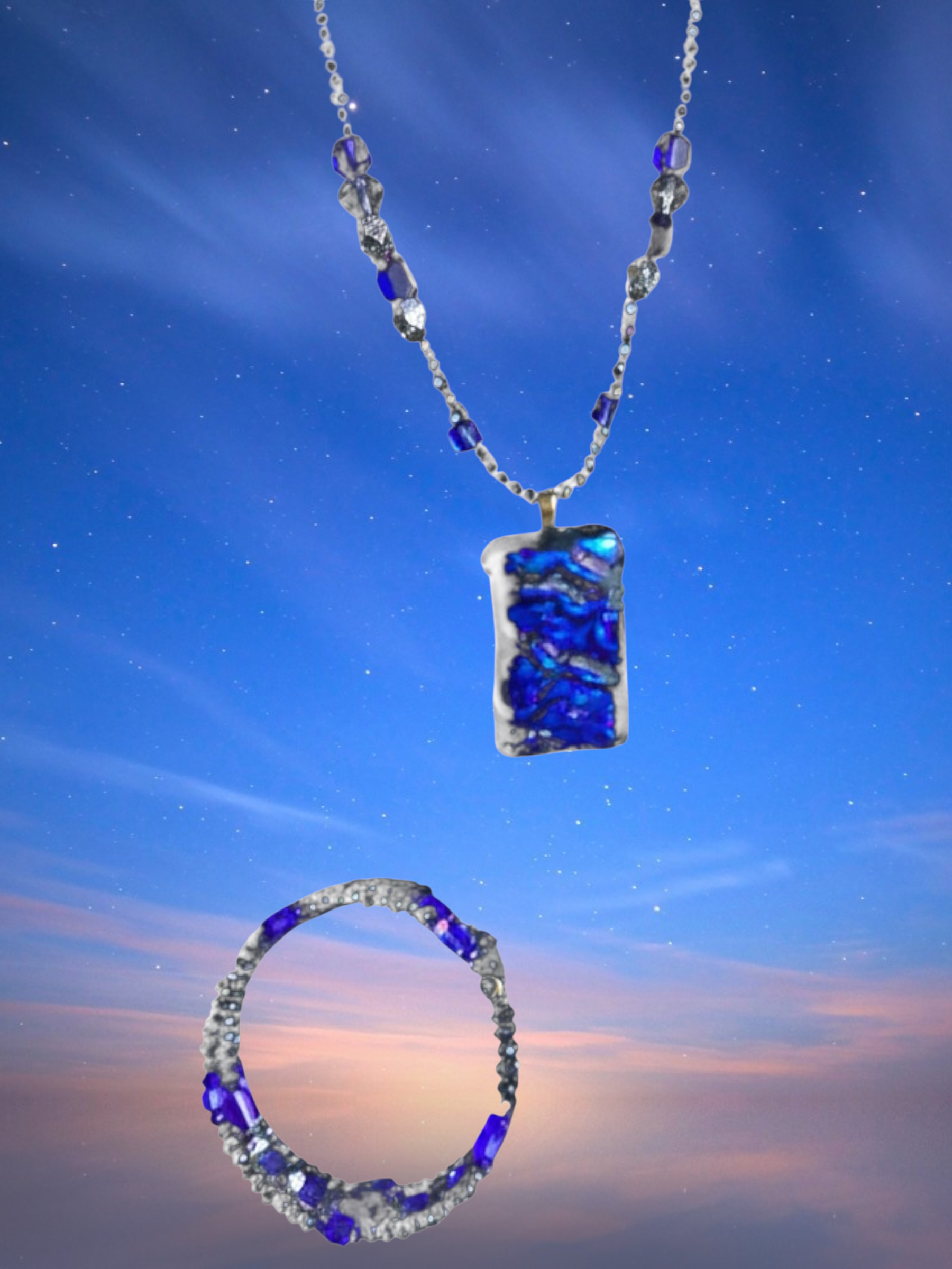 Artisan Beaded Necklace with Dichroic Pendant and Bracelet Jewelry Set
